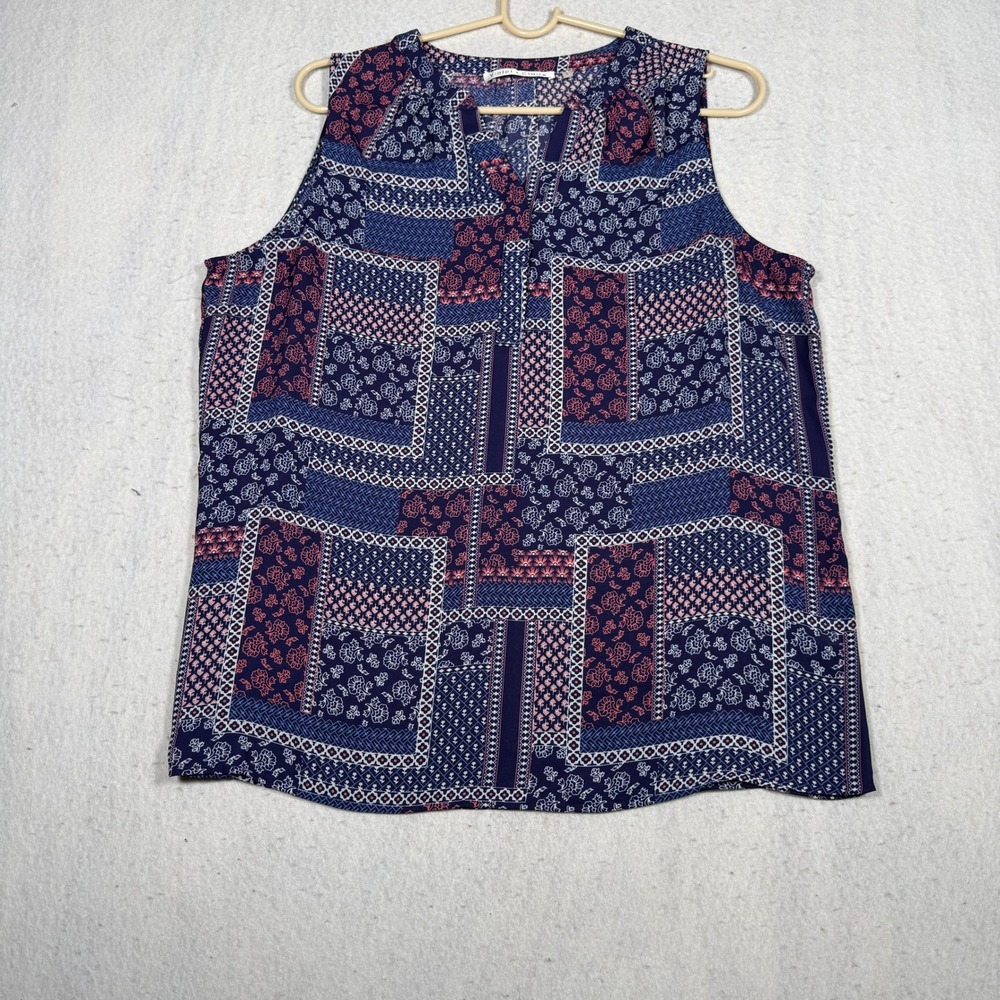 Violet + Claire Womens Large Navy Blue Patchwork Floral Sleeveless V-Neck Blouse